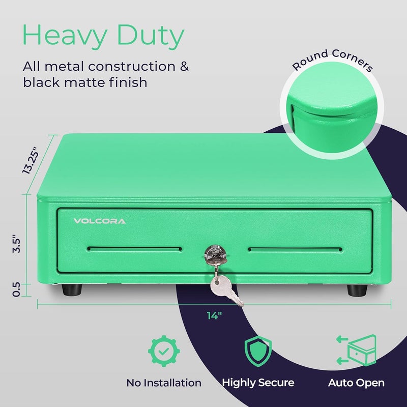 Volcora Cash Register Drawer for (POS) Point of Sale System with Round Corner 13", Removable Coin Tray, 4 Bill/5 Coin, 12-24V, RJ11/RJ12 Key-Lock, Media Slot,Cash Till, for Business, Green - Image 2